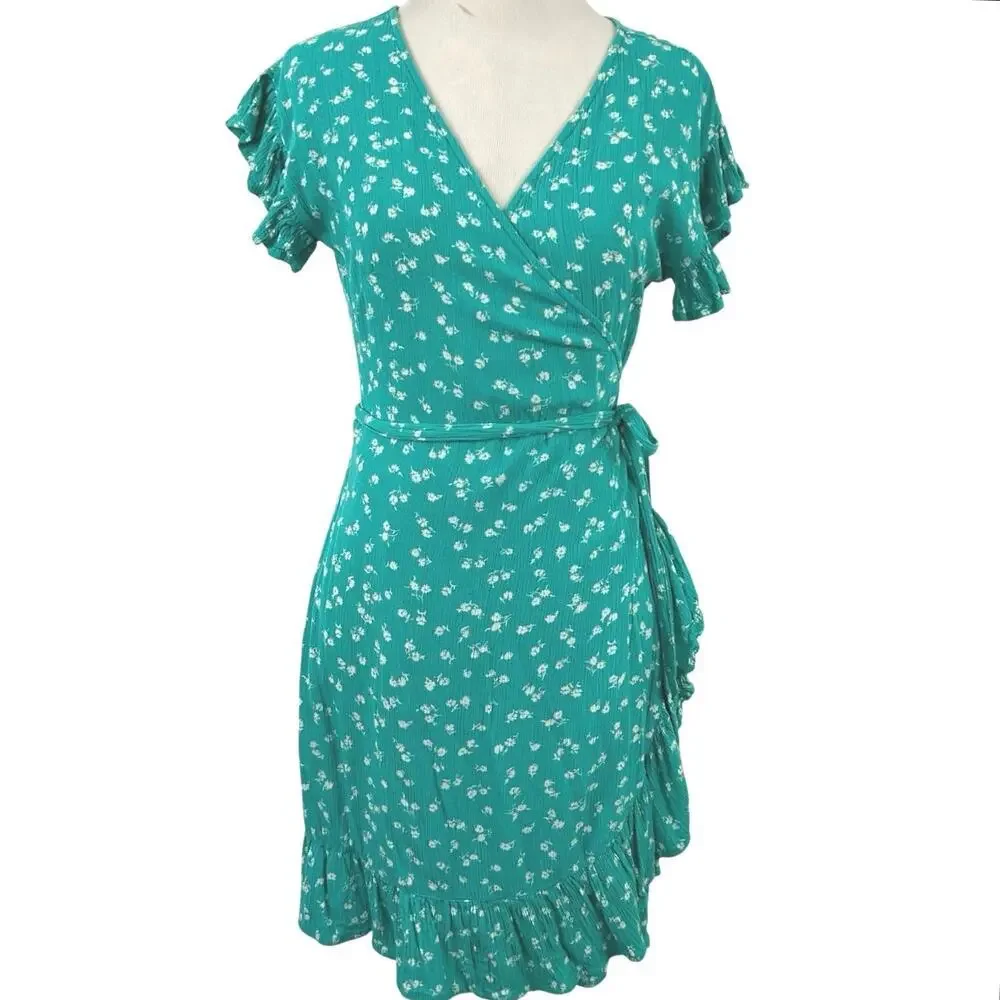 Billabong Floral Wrap Mini Dress Beach Surfer Boho Blue Women S